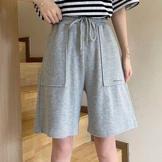 Lettering Drawstring Wide-leg Sweat Shorts