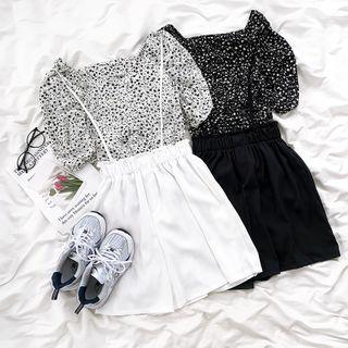 Set: Short-sleeve Floral Top + Plain Shorts