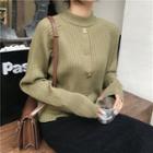 Semi High-neck Buttoned Long-sleeve Knit Top