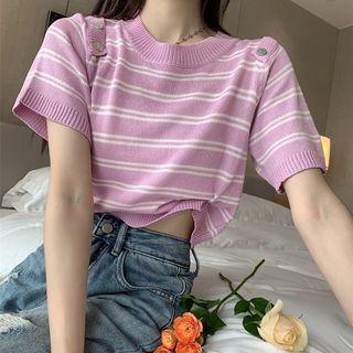 Short-sleeve Drawstring Cut-out Striped Knit Top
