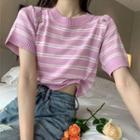 Short-sleeve Drawstring Cut-out Striped Knit Top