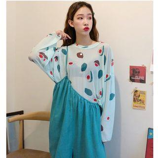 Avocado Print Long-sleeve Mesh T-shirt / Single-strap Cropped Suspender Pants