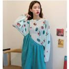 Avocado Print Long-sleeve Mesh T-shirt / Single-strap Cropped Suspender Pants