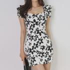 Set: Short-sleeve Square-neck Floral Print Top + Mini Pencil Skirt