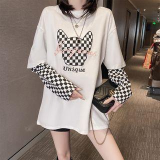 Mock Two-piece Long-sleeve Checkerboard Panel Applique T-shirt