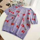 Cherry Print Knit Cropped Top Purple - One Size