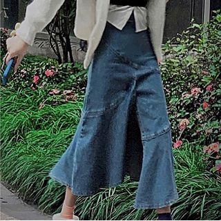 Asymmetrical Ruffle Hem Denim Midi A-line Skirt Denim Blue - One Size