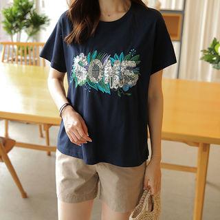 Sequined-lettering Embroidered T-shirt