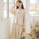 Set: Bell-sleeve Midi A-line Dress + Knit Vest