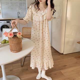 Bell-sleeve Floral Midi Sleep Dress Almond - One Size