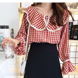 Shawl Collar Plaid Shirt Top Red - Xxxs