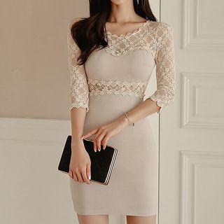 3/4-sleeve Lace-panel Mini Sheath Dress