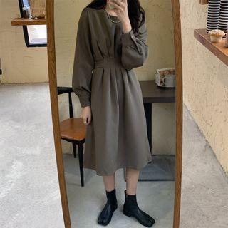 Long-sleeve Midi A-line Dress Coffee - One Size