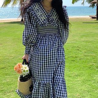 Long-sleeve Gingham Check Midi A-line Dress