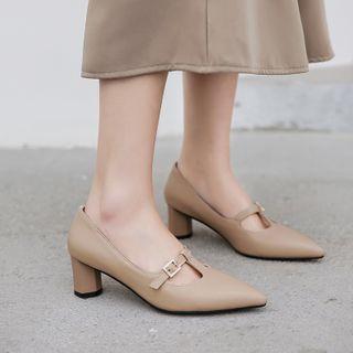 Rhinestone Buckle Block Heel Mary Jane Pumps