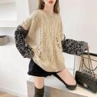 Leopard Print Panel Cable-knit Sweater