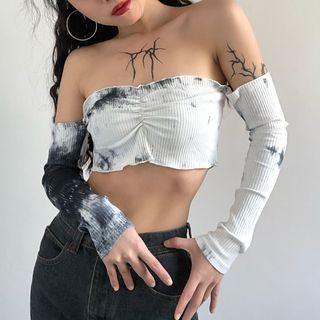 Long-sleeve Off-shoulder Tie-dyed Crop Top