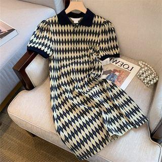 Short-sleeve Collar Argyle Knit Mini A-line Dress