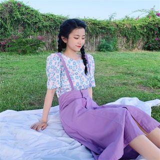 Short-sleeve Floral Printed Blouse / Sleeveless Plain Playsuit