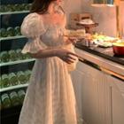 Plaid Square-neck Puff-sleeve Midi Dress Off-white - One Size