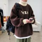 Turtle Neck Embroidered Faux Shearling Pullover