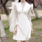 Mesh Sleeve Mini A-line Dress / Wedding Veil / Set