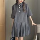 Short-sleeve Pleated Polo Dress Gray - One Size