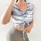Short-sleeve Camouflage Print Drawstring Sports Crop Top