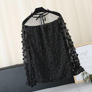 Long Sleeve Sheer Panel Clover Applique Top