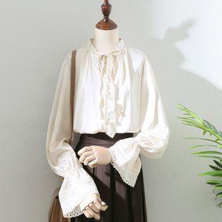 Bell-sleeve V-neck Lace Panel Ruffle Plain Shirt