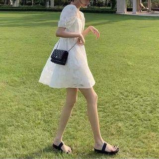 Puff-sleeve Lace A-line Mini Dress