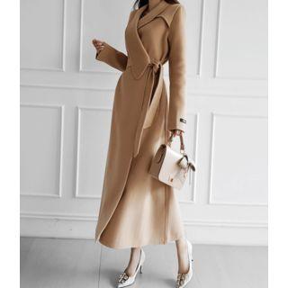 Asymmetric-collar Wool Blend Coat With Sash