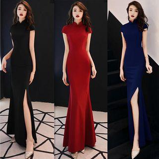 Short-sleeve Slit-side Maxi Cheongsam