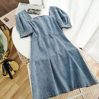 Square-neck Puff-sleeve Denim Dress