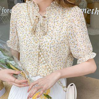 Puff-sleeve Bow Floral Blouse