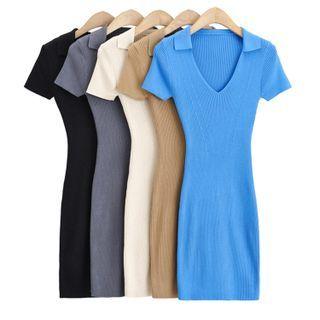 Short-sleeve V-neck Knit Midi Sheath Dress