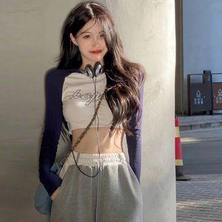 Long Sleeve Round Neck Lettering Crop T-shirt