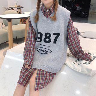 Set: Long Sleeve Plaid Shirtdress + V-neck Vest