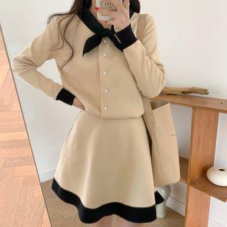 Set: Long-sleeve Tie-front Buttoned Knit Top + A-line Mini Skirt