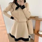 Set: Long-sleeve Tie-front Buttoned Knit Top + A-line Mini Skirt