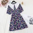 Short-sleeve Floral Collared A-line Dress