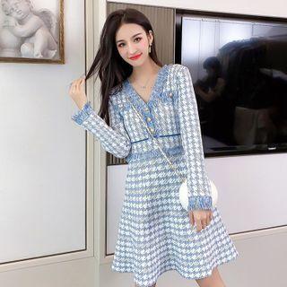 Long-sleeve Frill Trim Houndstooth Knit A-line Dress