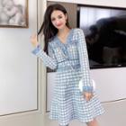 Long-sleeve Frill Trim Houndstooth Knit A-line Dress