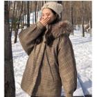 Furry Trim Plaid Hooded Padded Jacket