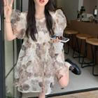 Puff-sleeve Floral Organza Mini Smock Dress Beige Flowers - White - One Size