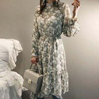 Stand-collar Floral Long Flare Dress