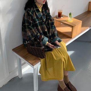 Plaid Button Coat / Mock-neck Long-sleeve Top / Midi A-line Skirt