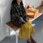 Plaid Button Coat / Mock-neck Long-sleeve Top / Midi A-line Skirt