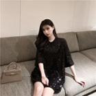 3/4-sleeve Sequined Long T-shirt Black - One Size