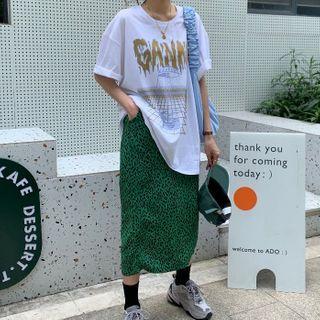 Short-sleeve Cartoon Print T-shirt / Leopard Print Midi A-line Skirt